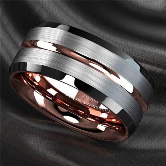 Men's Wedding Band Rings | Silver Brushed Rose Gold Men's Wedding Rings - Picture 3 of 8